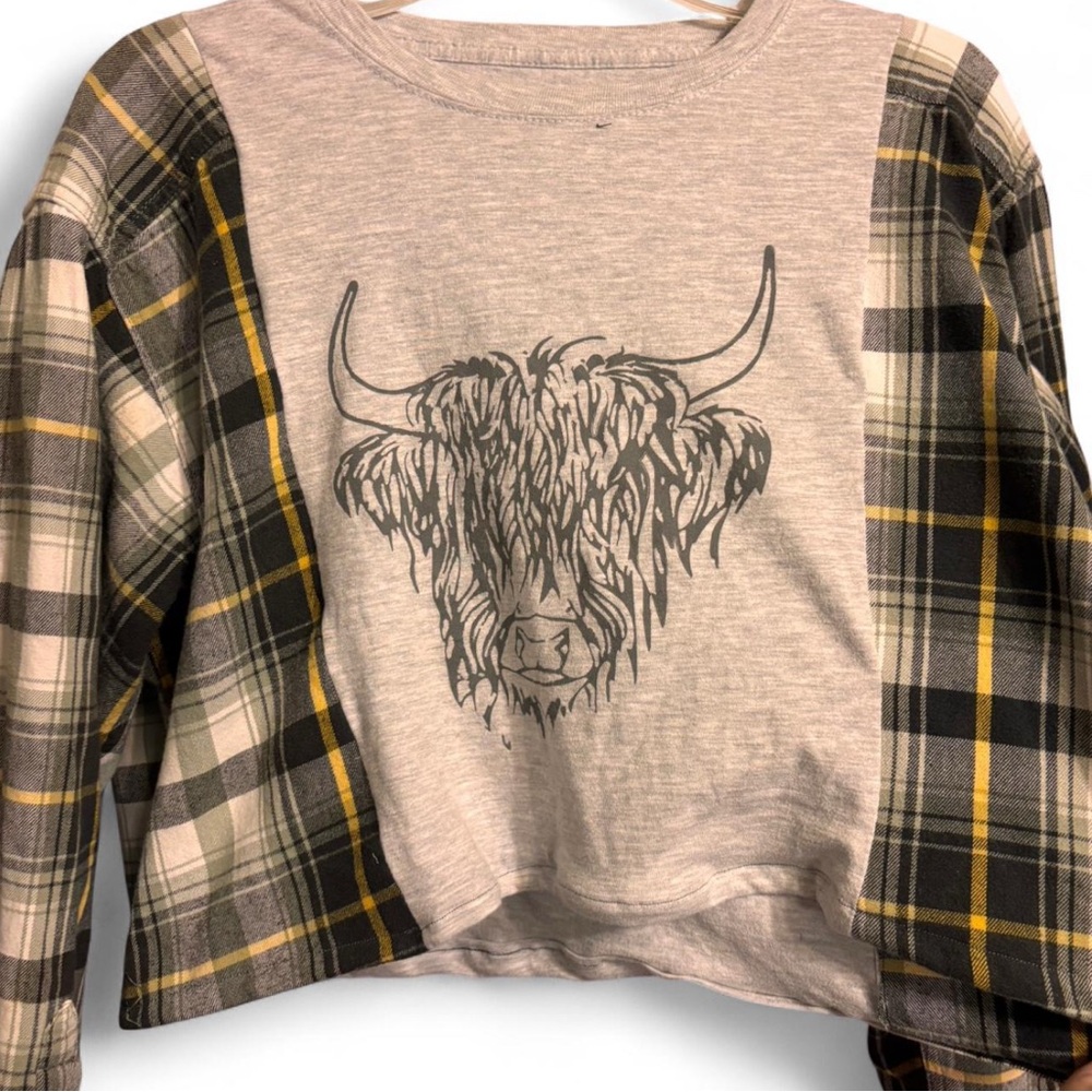 Plaid Long Sleeve Top with Bull Print